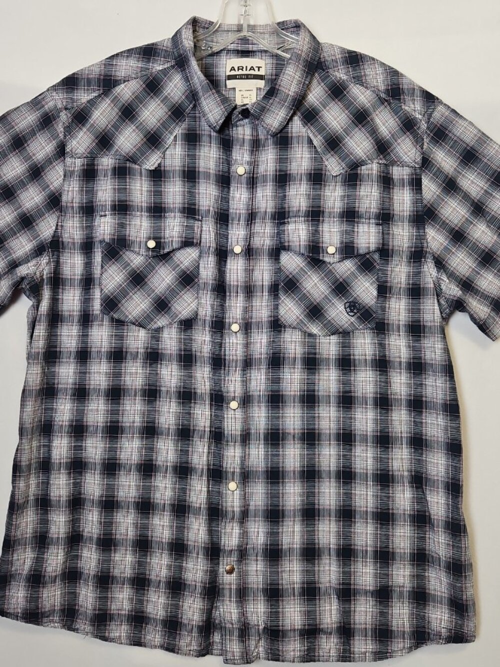Ariat Haven Retro Fit Shirt Mens Sz XL Navy Plaid S/S Pearl Snap Western Cowboy